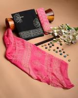Buy New Black And Pink Soft Cotton Suit With Chiffon Dupatta Online